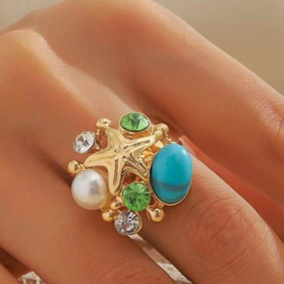 Jewelry - Elegant Aesthetic Simulated Pearl and Turquoise 14K gold-plated ring